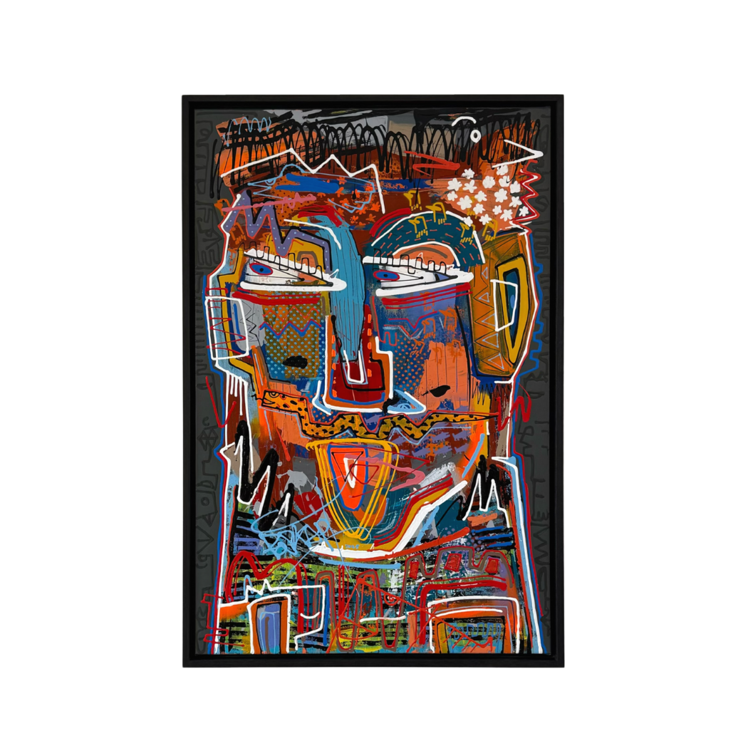 Abstract portret met kleurrijke lijnen, vormen en patronen, omlijst met zwart.