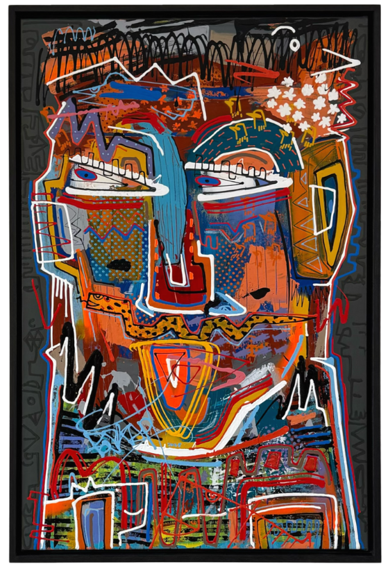 Abstract portret met kleurrijke lijnen en vormen, voornamelijk oranje, blauw en wit, binnen een zwarte lijst.