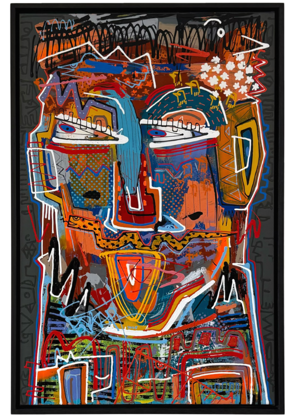 Abstract portret met felle kleuren en gestructureerde lijnen, geplaatst tegen een donkere achtergrond in een zwart frame.