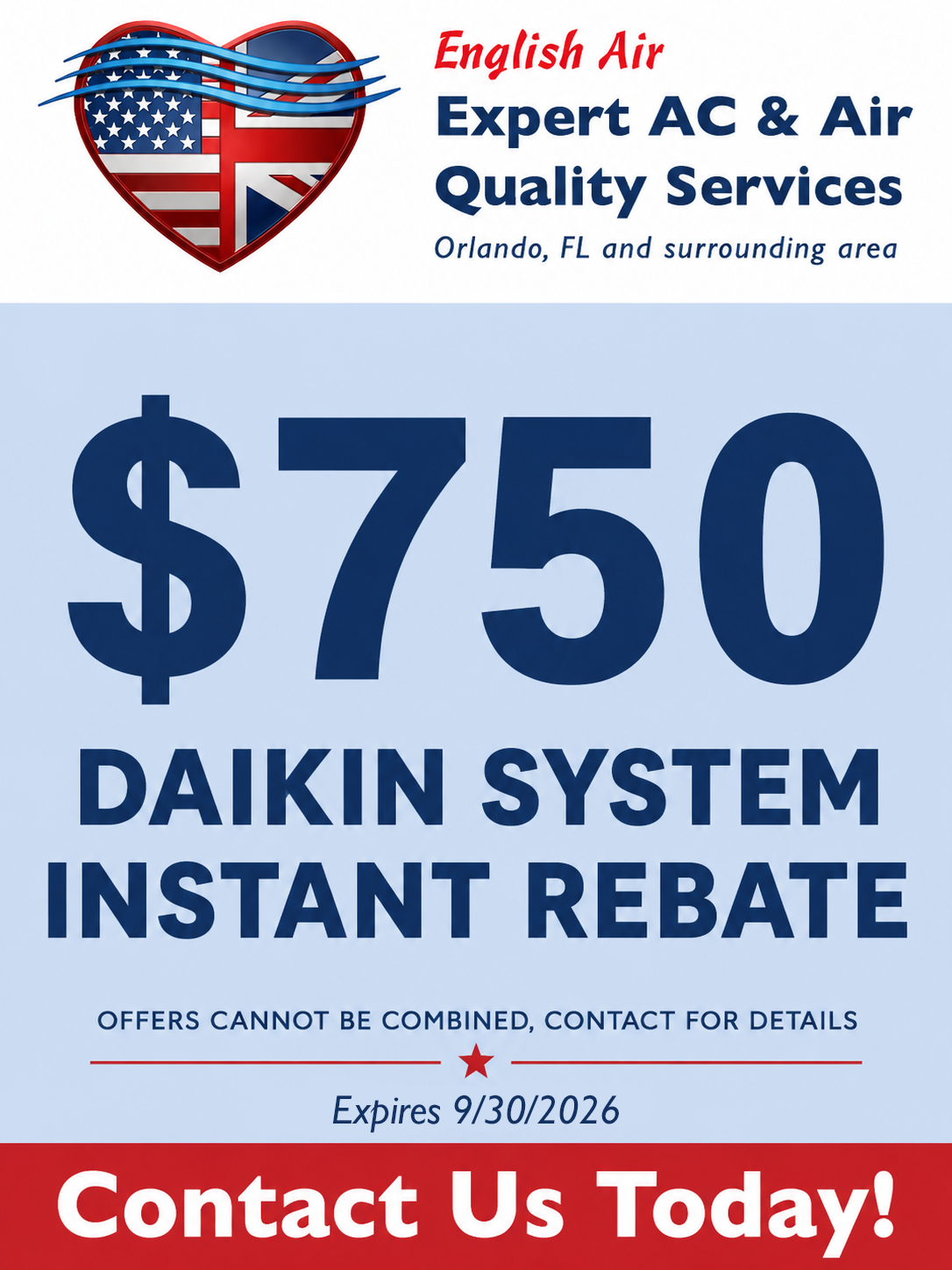 English Air ad: $750 Daikin system install rebate, red and blue design, contact us today