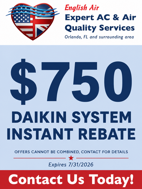 English Air ad: $750 Daikin system install rebate, red and blue design, contact us today