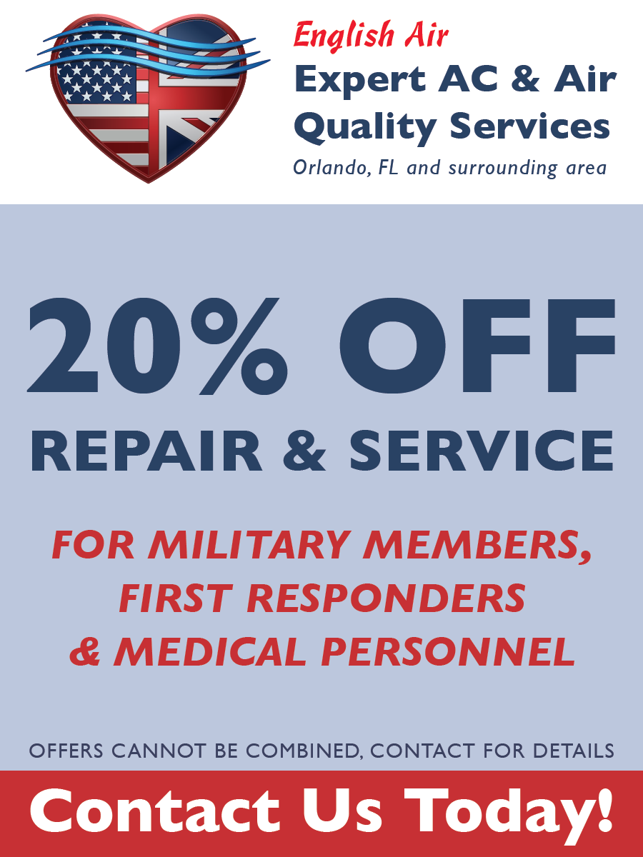 English Air promo: 20% off repair and service for military, first responders, and medical personnel in red and blue.