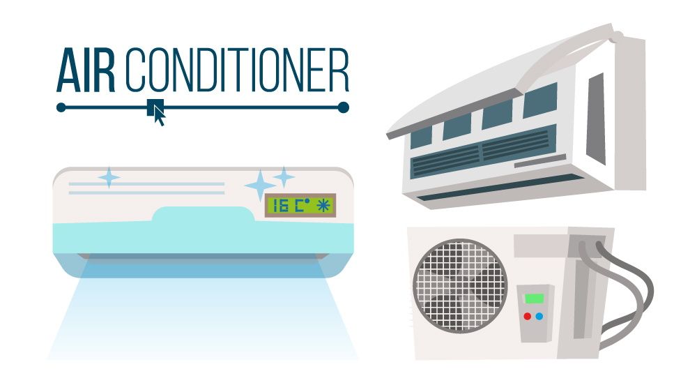 Air conditioner illustration showing a wall unit, remote, and outdoor compressor fan.
