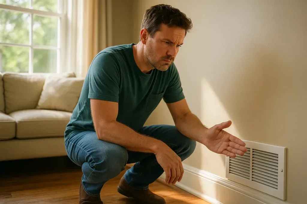 Man crouching beside a wall vent in a living room, inspecting it with concern.