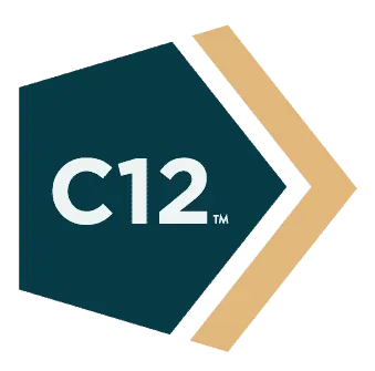 C12 logo with white “C12” on a dark teal hexagon and gold chevron accents