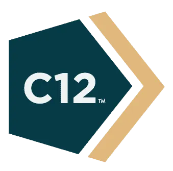 C12 logo with white “C12” on a dark teal hexagon and gold chevron accents