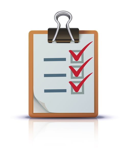 Clipboard checklist with three red check marks on a gray sheet