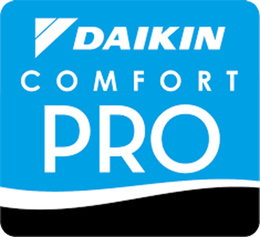 Daikin Comfort Pro logo in blue, white, and black with stylized text and wave design