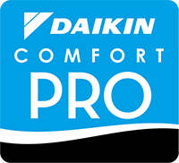 Daikin Comfort Pro logo on blue, white, and black background