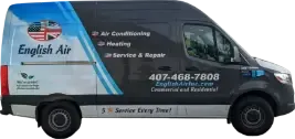 English Air service van with blue-and-white branding and contact information on the side