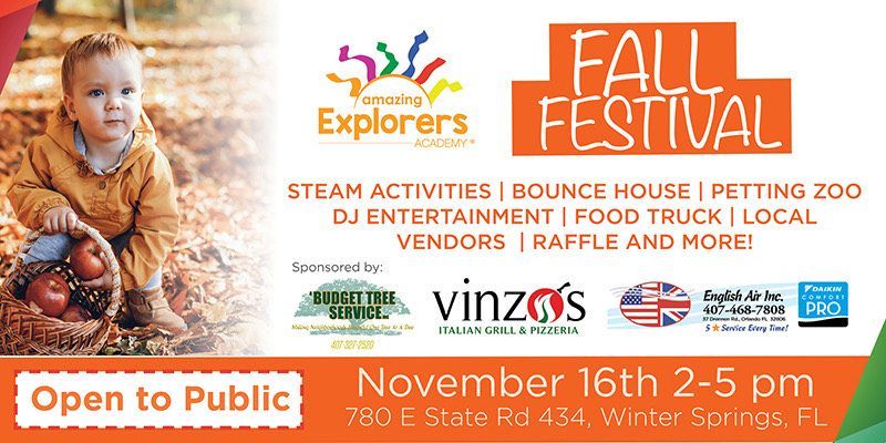 Fall Festival event flyer with activities, vendors, petting zoo, and date November 16th, 2-5 pm