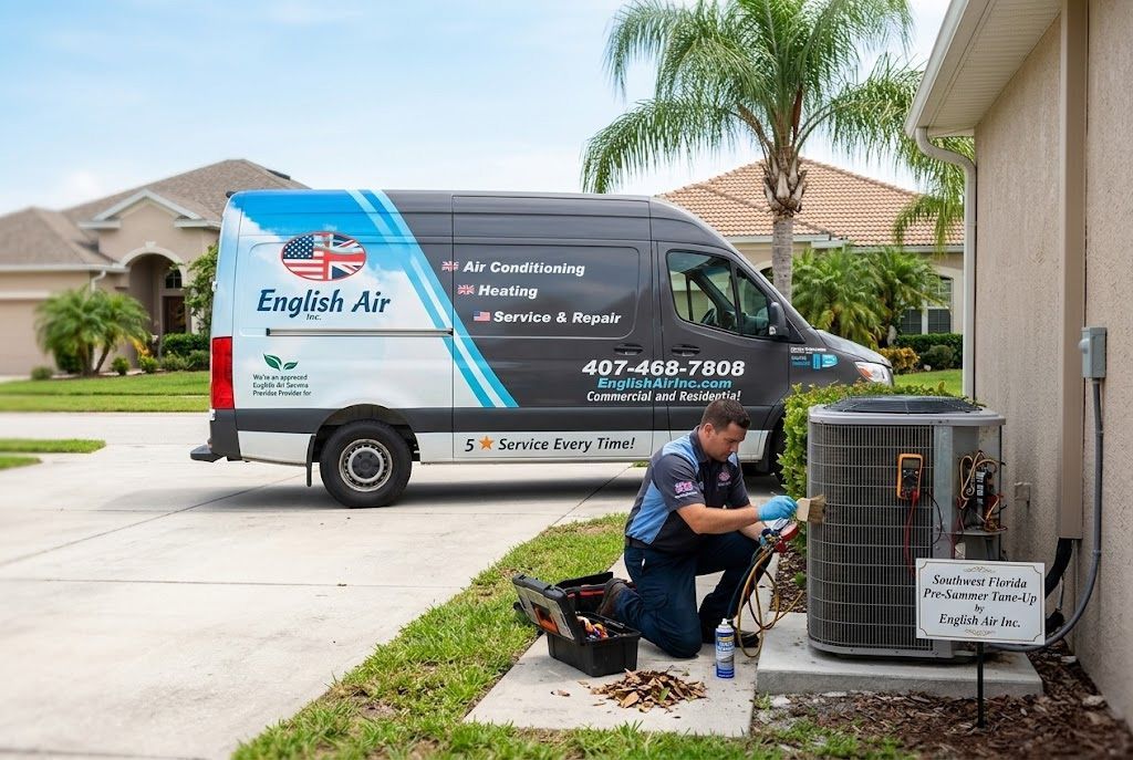 Technician servicing outdoor AC unit beside a Royal Air heating van in a suburban driveway