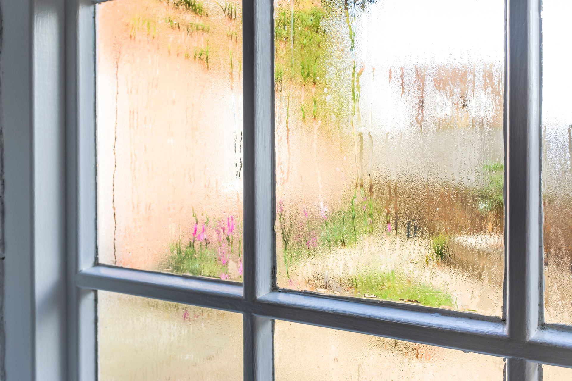 Rain-speckled window panes overlooking a blurred backyard garden and fence