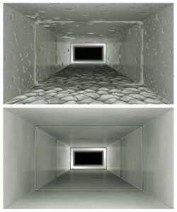 Two gray tunnel interiors, one rough and textured, one smooth and clean, both leading to a black opening