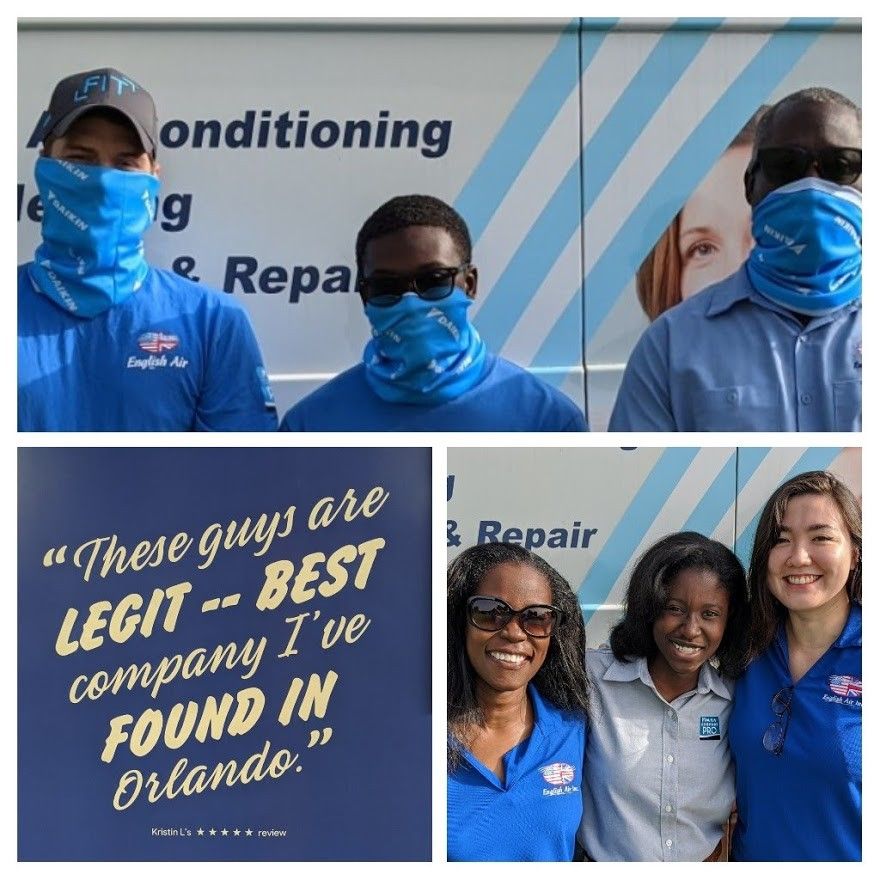 Three smiling repair staff in blue uniforms and masks standing before an air conditioning repair truck