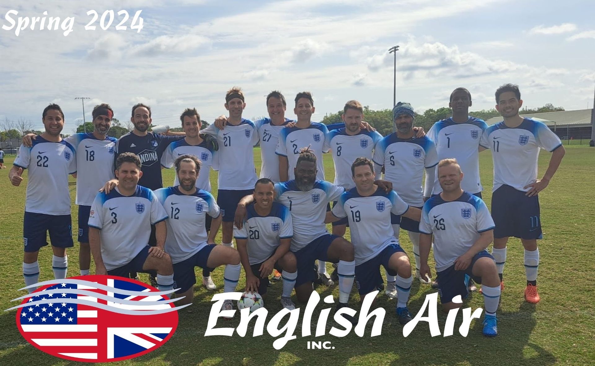 English Air soccer team group photo on a field, with “Spring 2024” text and an England flag logo.