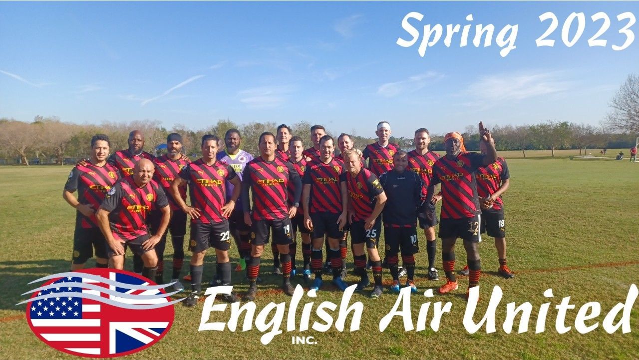 English Air United team in red and blue jerseys posing on a field, labeled Spring 2023