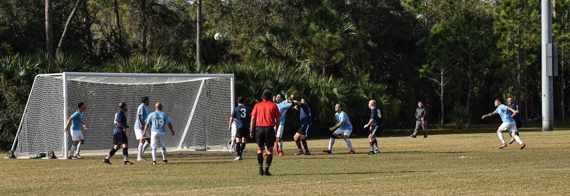 Soccer players in blue and red near a goal on a sunny field