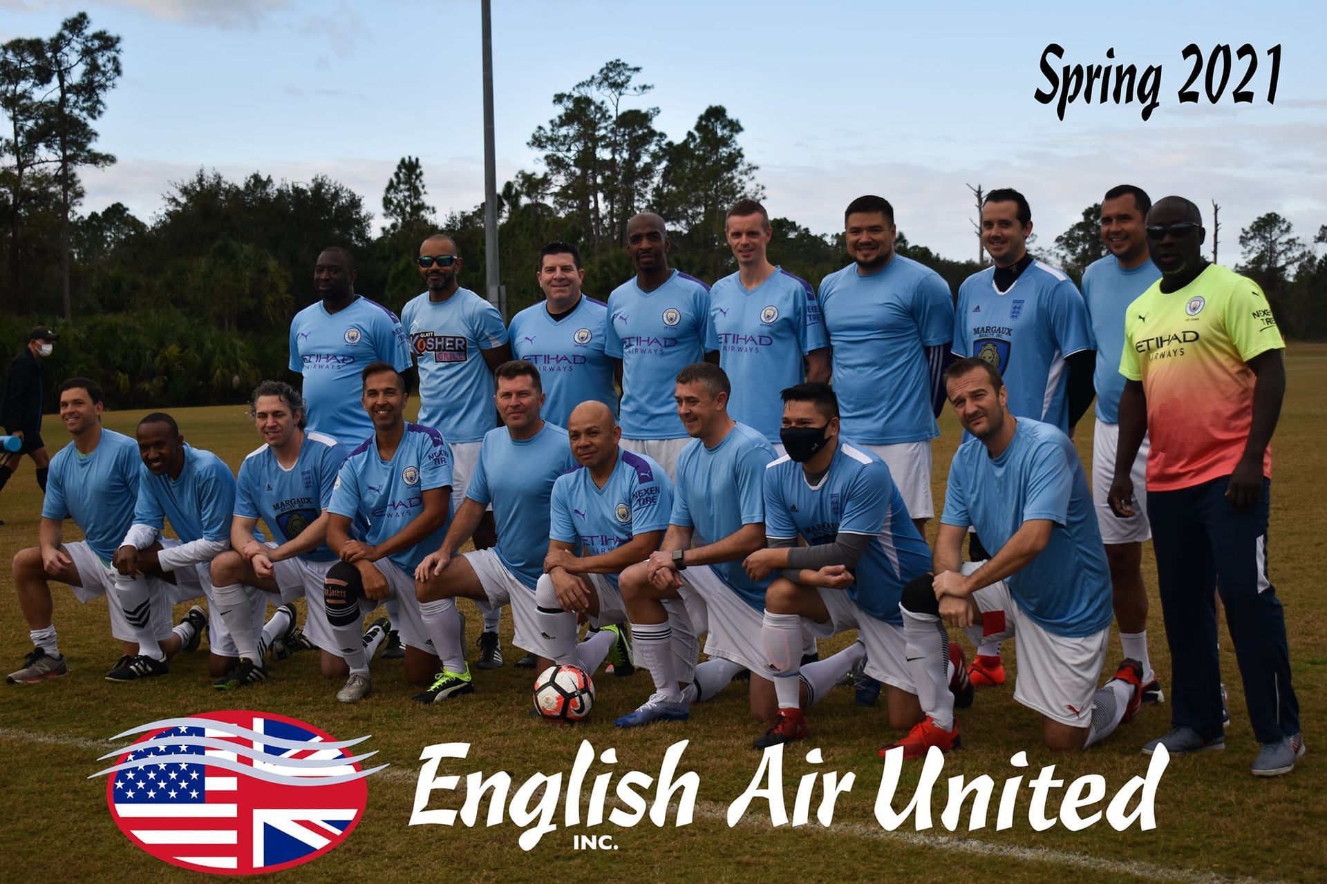English Air United team posing in blue uniforms on a field, labeled Spring 2021.