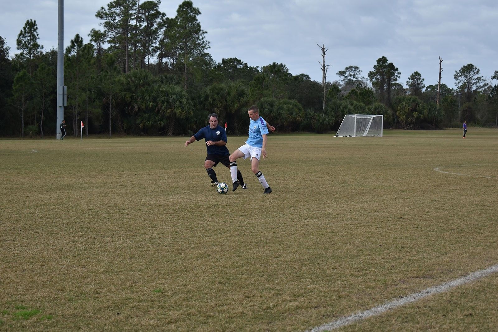 Two soccer players contest the ball on a grassy field near a goal.