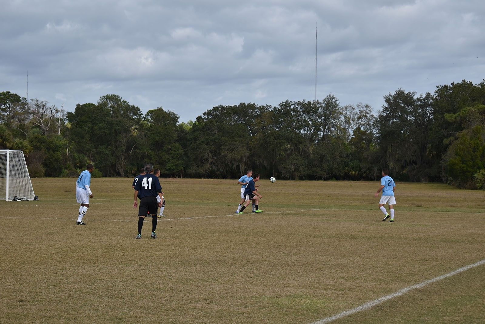 Soccer players on a grassy field under a cloudy sky, with a goal on the left and trees in the background