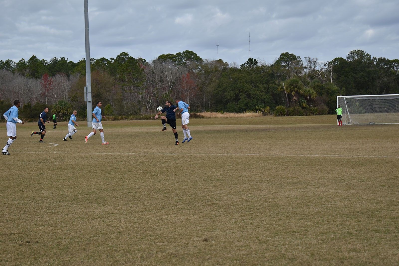 Soccer players in blue and white uniforms on a grassy field near a goal.