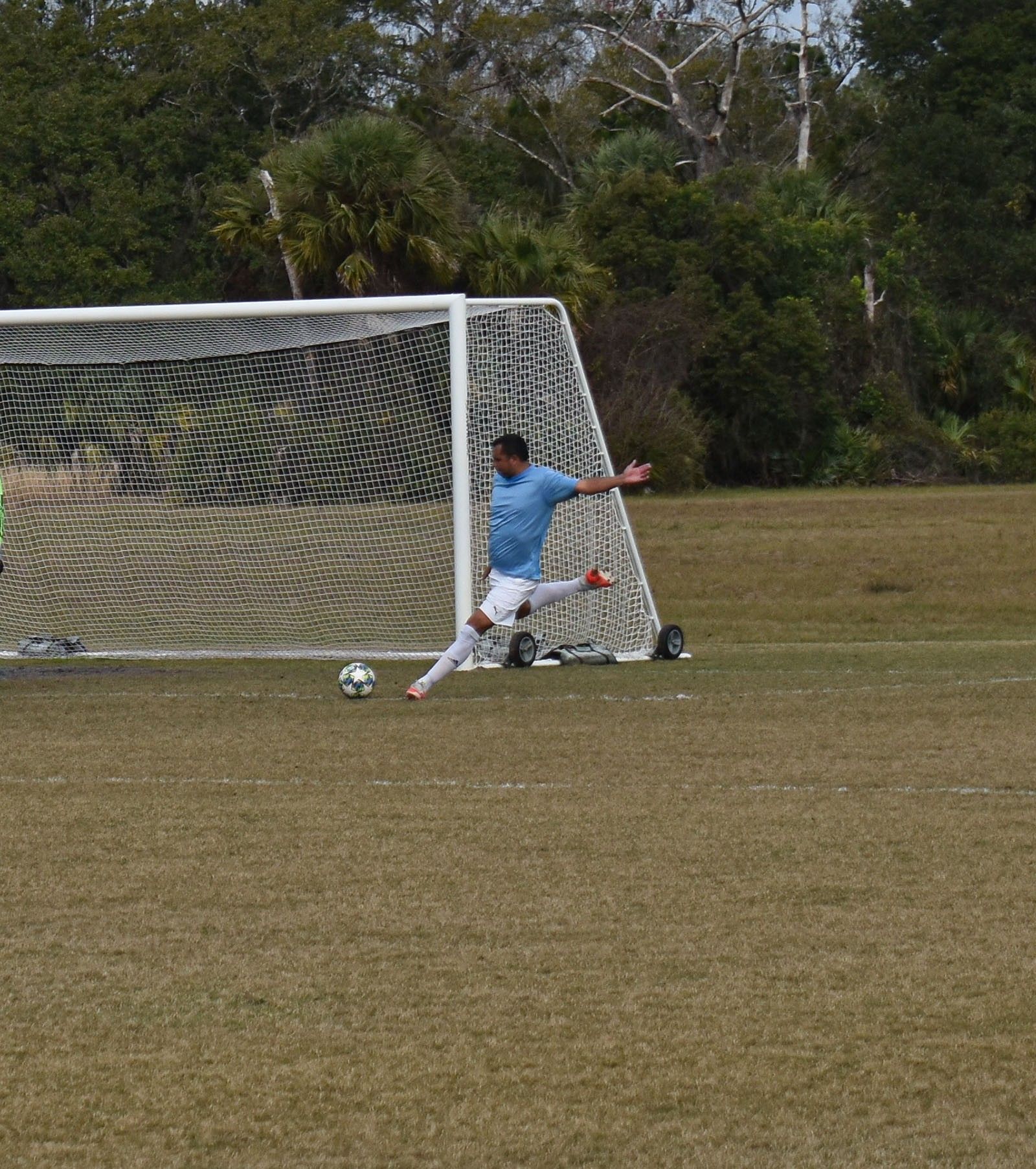 Soccer player in blue kicking a ball into a goal on a grassy field
