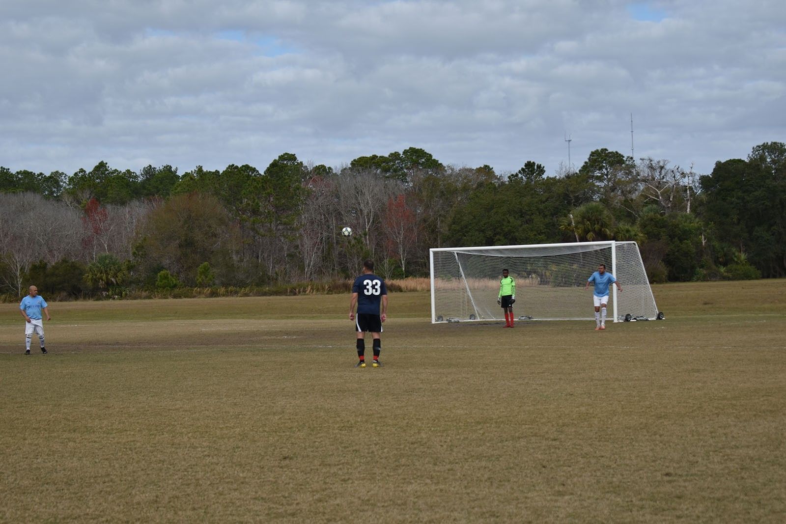 Soccer field with players near the goal, including a goalkeeper in green and a player wearing number 33.