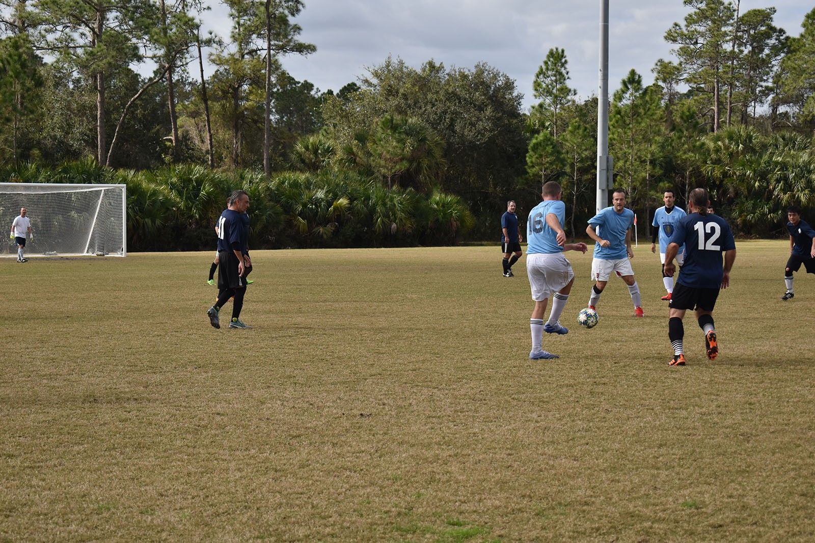 Soccer players in blue and dark uniforms near the goal on a grassy field