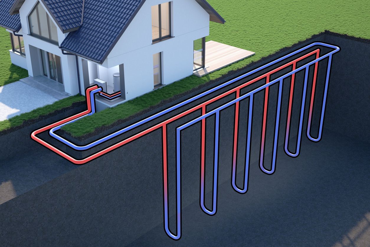 3D diagram of red and blue underground utility lines routed from a house to several U-shaped loops in a street