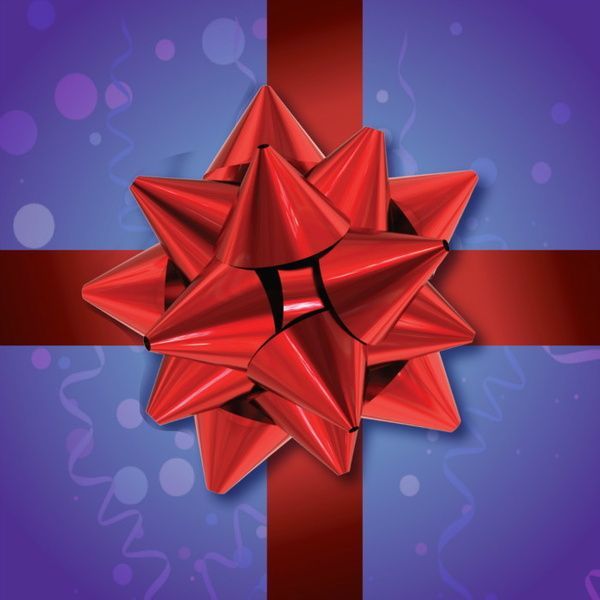 Red gift box with a shiny red bow on a purple background with bokeh lights