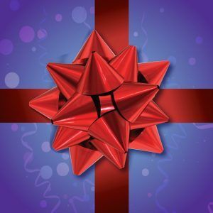 Red gift bow on a purple present with a red ribbon crossing the box