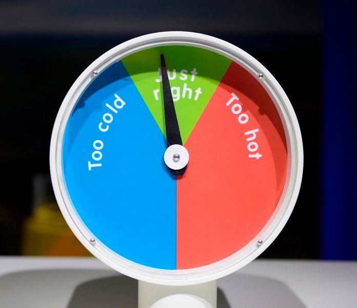 Color gauge showing too cold, just right, and too hot zones with a needle near center.