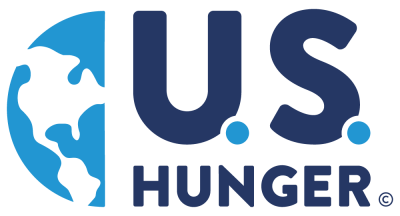 U.S. Hunger logo with blue globe icon and navy text