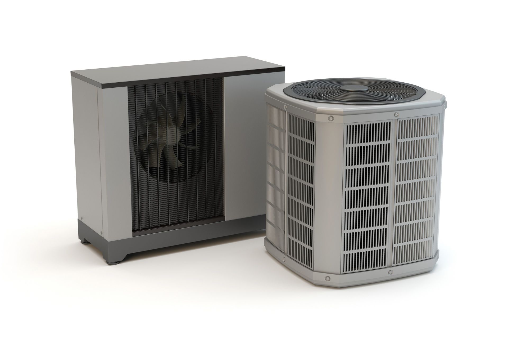 Two outdoor HVAC units: a rectangular black-and-gray unit and a curved gray condenser fan.