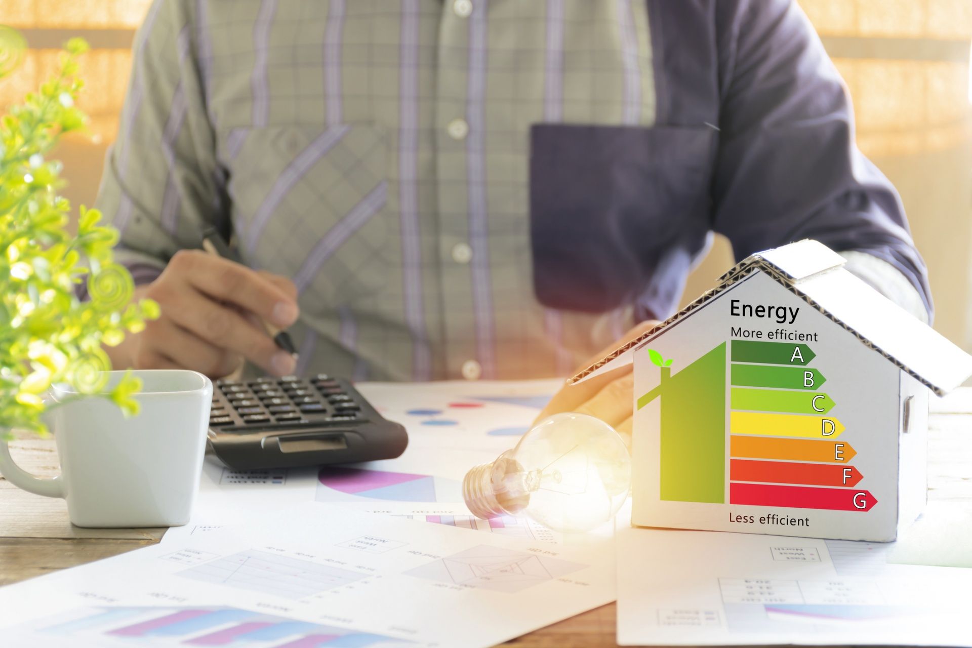 Person using calculator at desk with energy-efficiency chart and lightbulb model