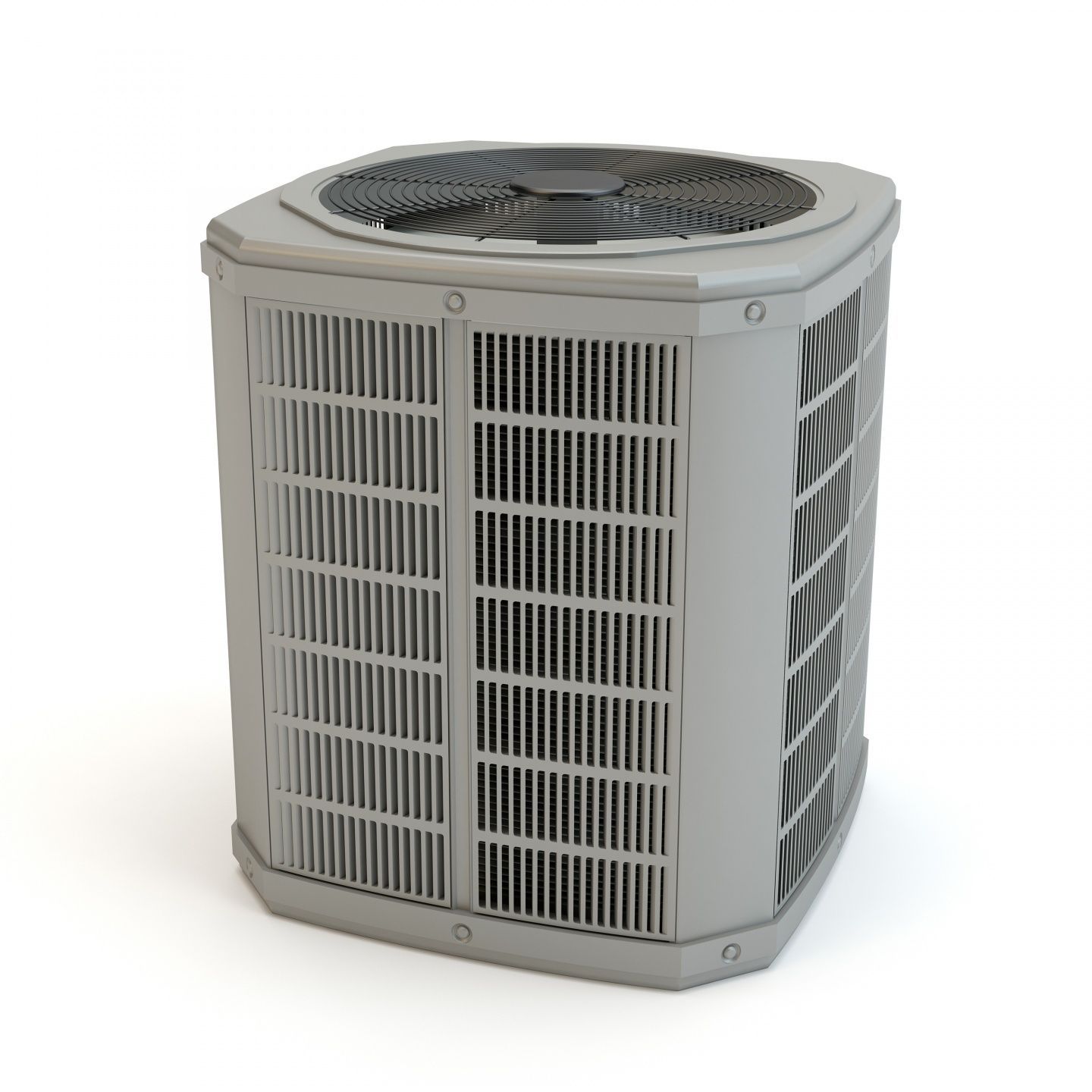 Gray outdoor air conditioning unit with top fan and vented sides