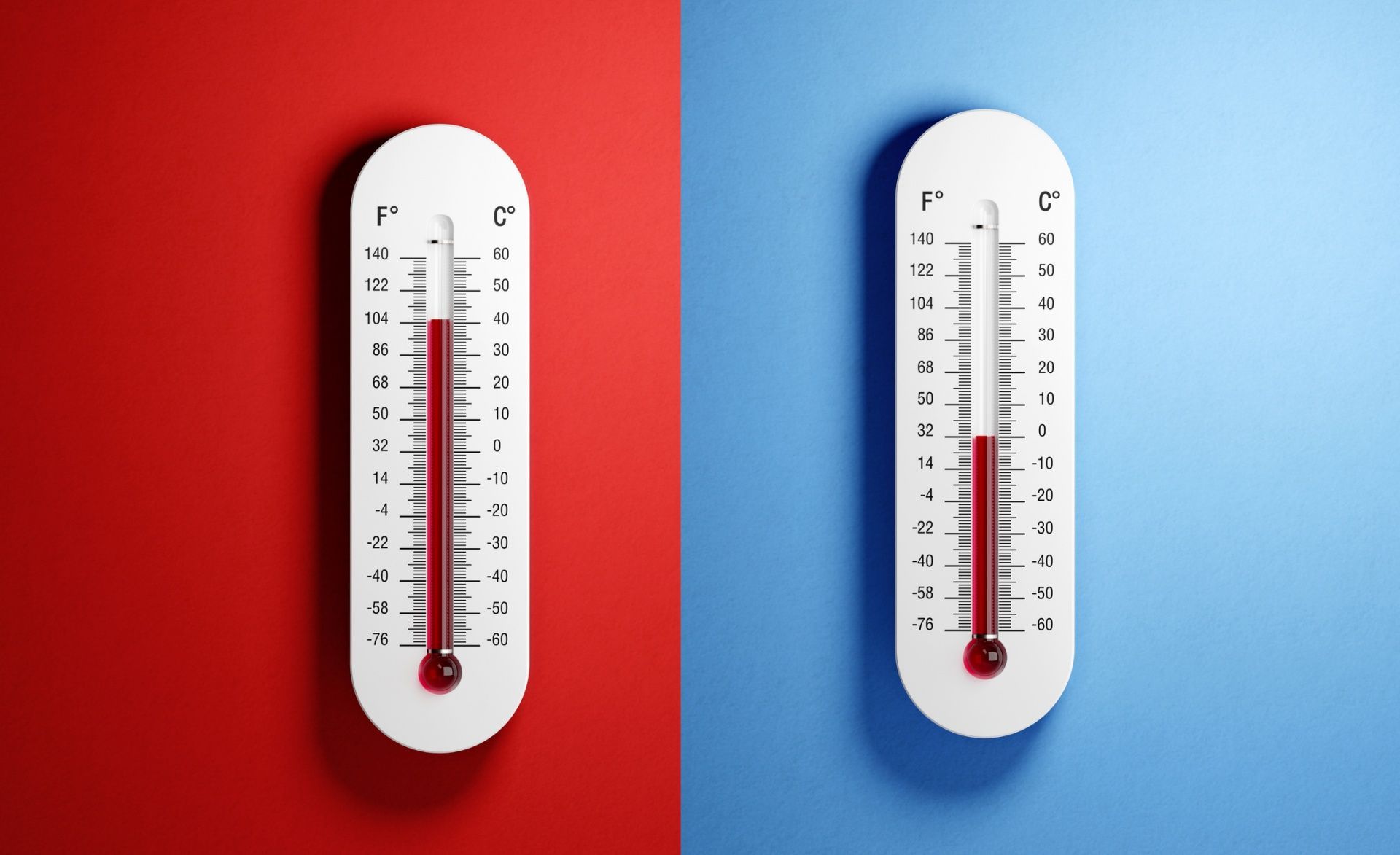 Two white thermometers on red and blue backgrounds, showing different temperatures.