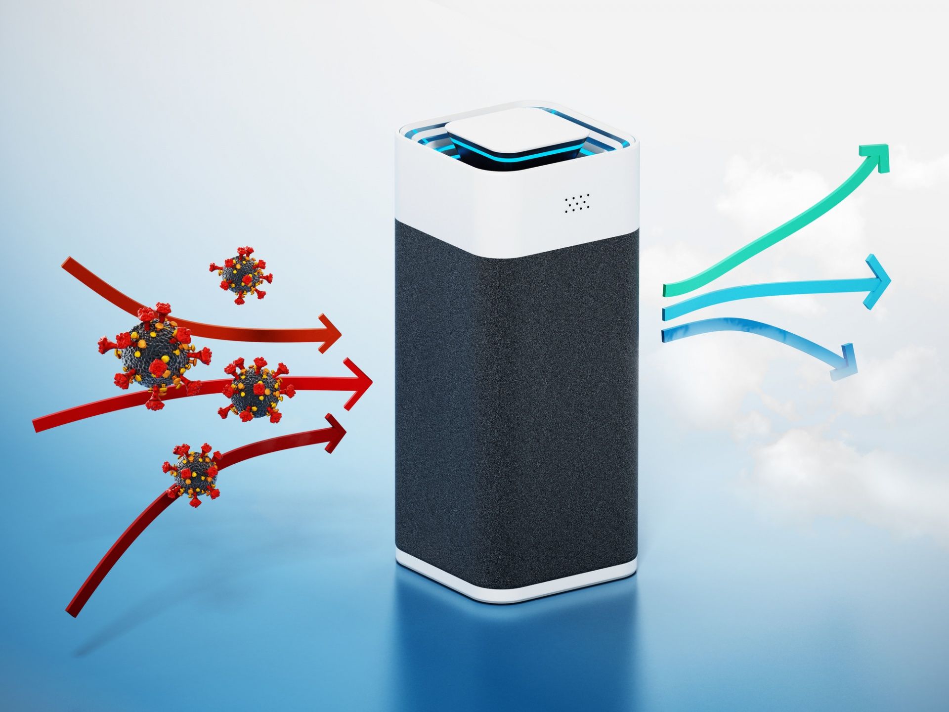 Air purifier with red arrows and particles entering, blue clean air arrows flowing out