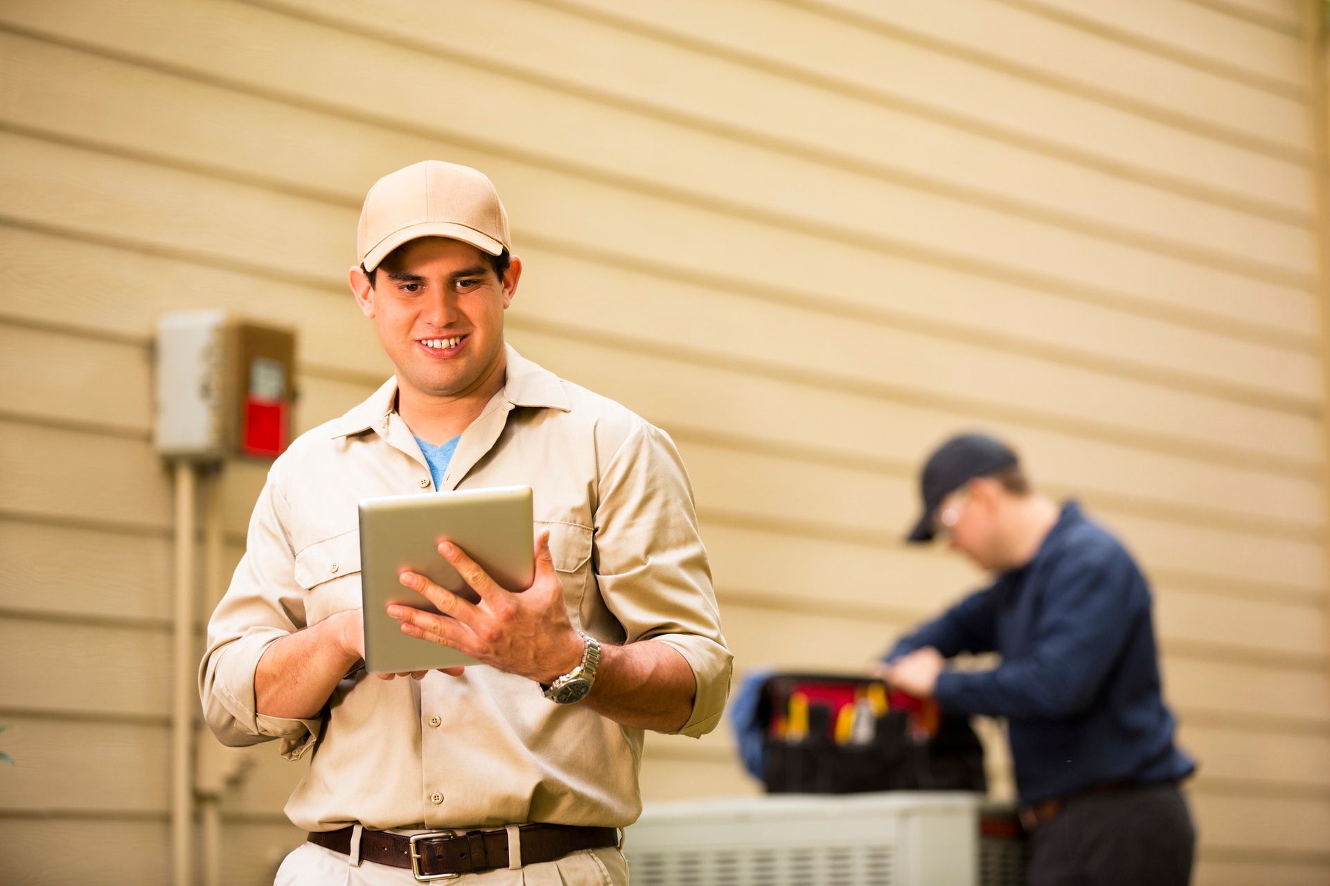 Delivery worker holding a clipboard in front of a warehouse, with another worker loading boxes in the background