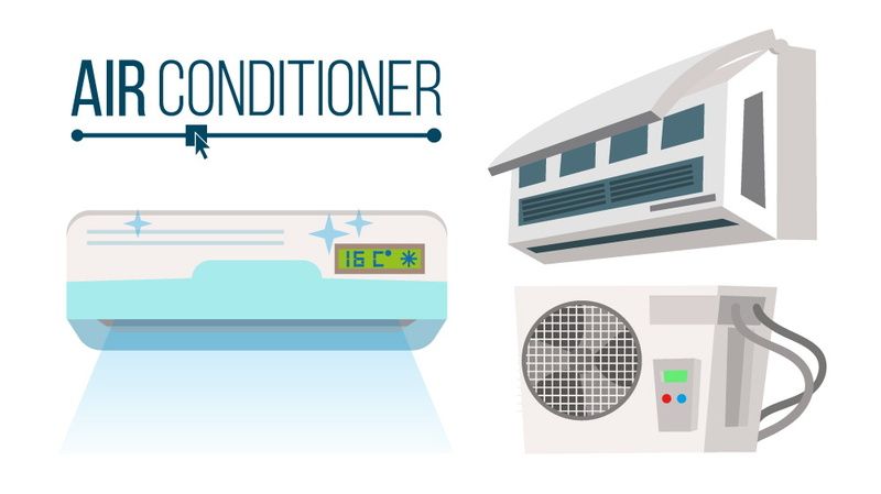 Air conditioner illustration showing a wall unit and split AC system icons on a white background