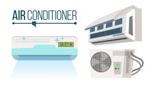 Illustration of a wall-mounted air conditioner with remote and outdoor unit, labeled “AIR CONDITIONER”
