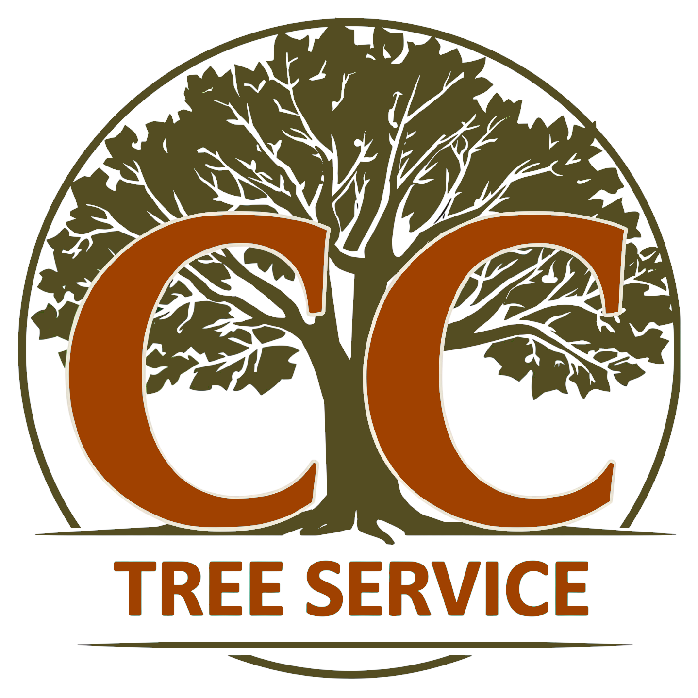 Logo for CC Tree Service: Brown "CC" letters in front of a tree silhouette within a circle; "TREE SERVICE" text below.