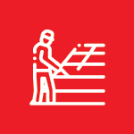 White outline of a person working on a structure, possibly a roof, against a red background.