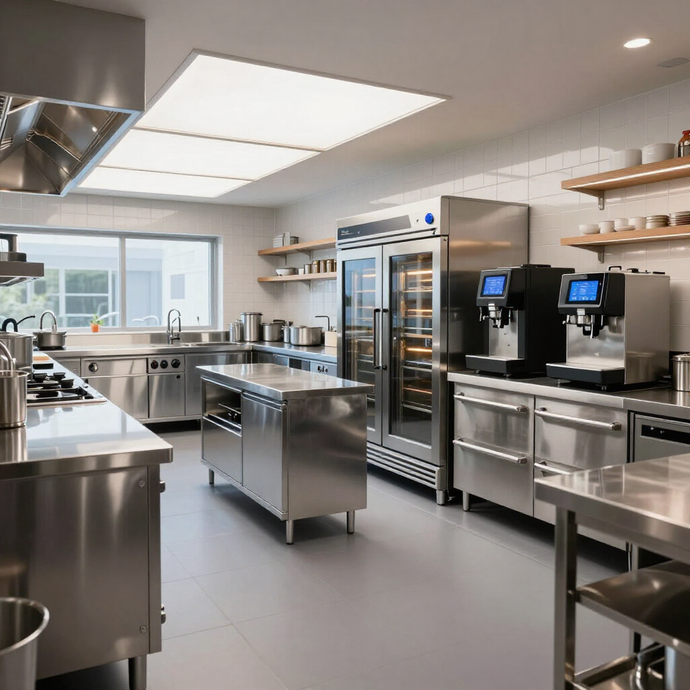 Cucina professionale moderna con ripiani in acciaio inox, forni, frigoriferi e illuminazione a soffitto brillante.