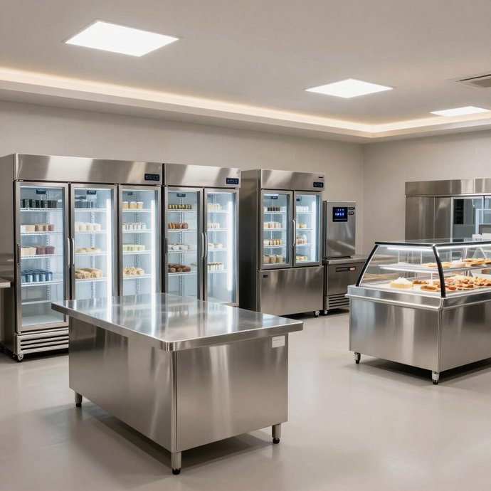 Mensa moderna in acciaio inox con vetrine e frigoriferi in una stanza luminosa e vuota