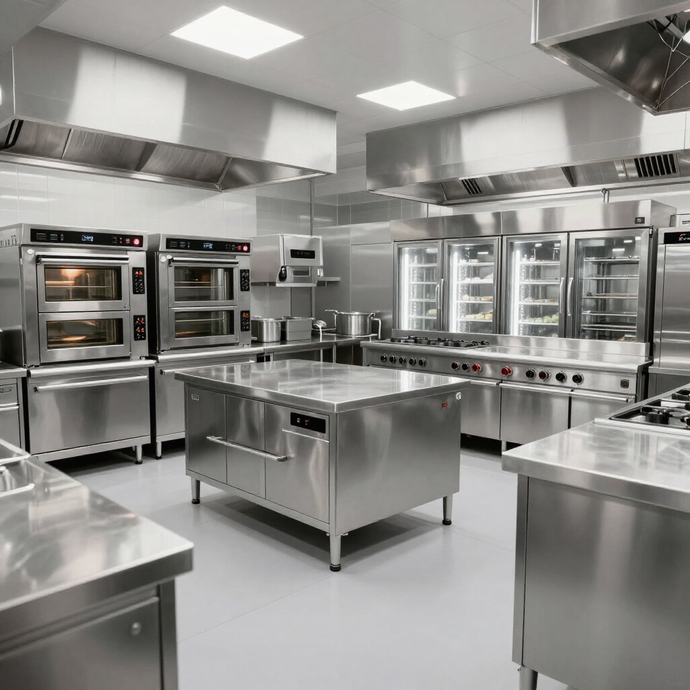 Cucina professionale moderna in acciaio inox con forni, banconi e grandi cappe aspiranti.