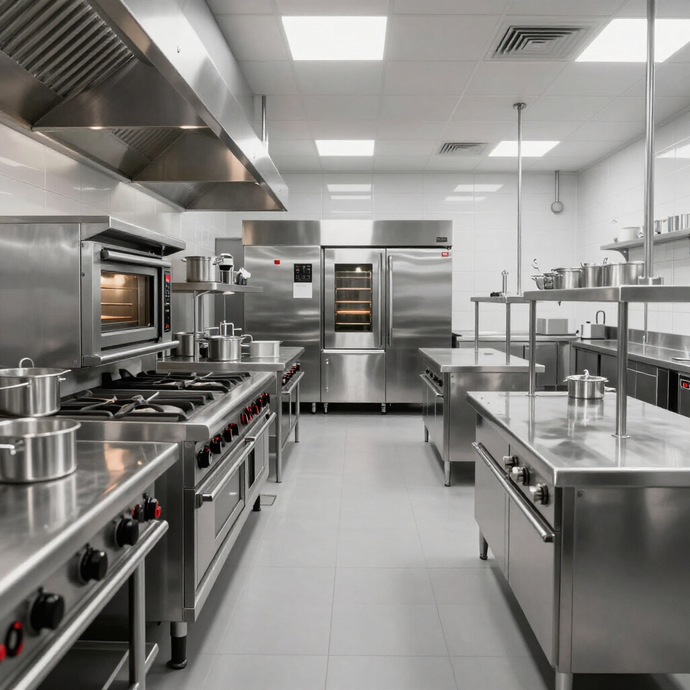Cucina professionale moderna in acciaio inox con forni, piani cottura, banconi e luci a soffitto brillanti.