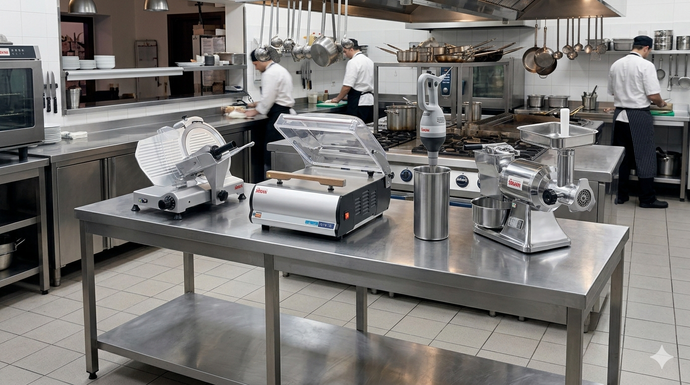 Bancone da cucina in acciaio inox con diversi spremiagrumi e frullatori in un'area di preparazione professionale.