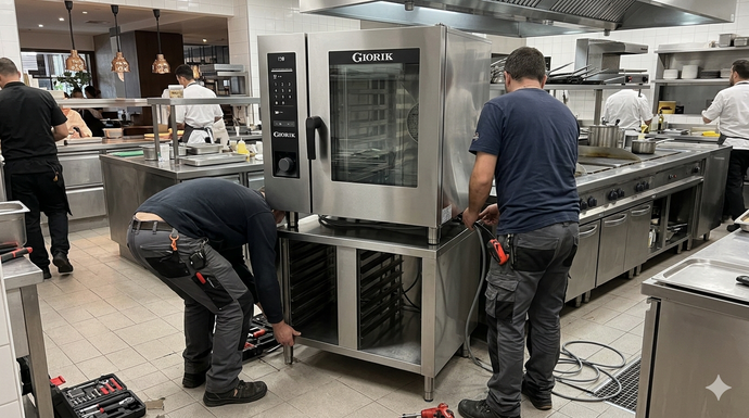 Lo chef inserisce il cibo in un forno professionale in acciaio inossidabile in una cucina moderna.
